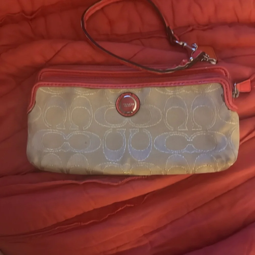 Coach Cream and Red Clutch with Signature Design